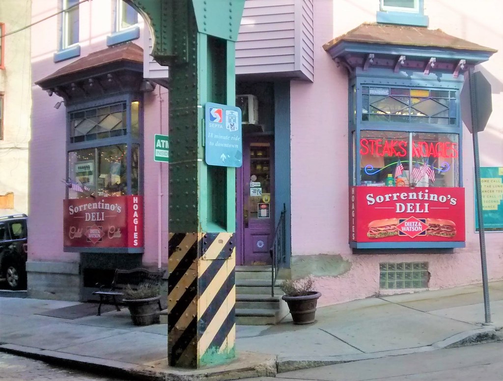 Sorrentino's Deli storefront on Cresson Street, beneath the SEPTA Manayunk/Norristown elevated line.